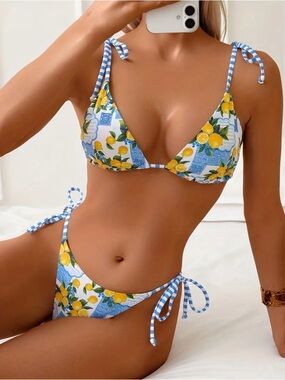 Reversible Lemon Print Bikini Set Size M Tie Side Mediterranean Summer New